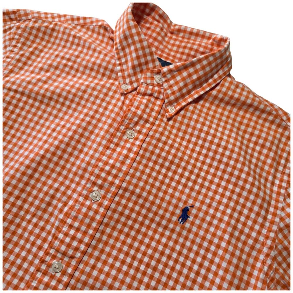 Ralph Lauren Mens M Custom Fit Orange Gingham Short Sleeve Button Down Shirt